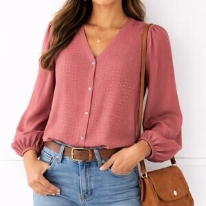 Dennis Basso Georgette Button Front Blouse Rhinestone Dusty Rose Size XS NWT